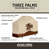 Designer Series BBQ Grill Cover. Heavy Duty Waterproof Fabric, Air Vents, Click Close Straps, and Pocket. 58" Three Palms Design