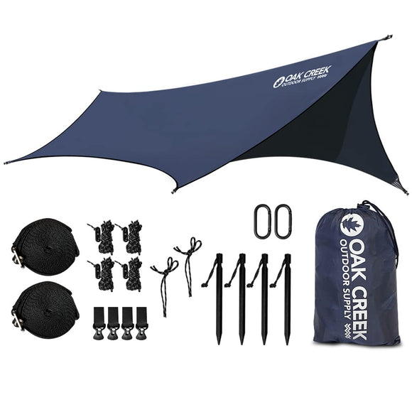 Oak Creek Hidden Summit Hammock Rain Fly. 11 x 7 ft HEX. 210T Poly Waterproof Camping Tarp. Carry Bag, Tree Straps, Carabiners, Drip Lines, Tensioners, Guy Lines, Ground Stakes. Weighs 1.5 lbs.