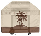 Designer Series BBQ Grill Cover. Heavy Duty Waterproof Fabric, Air Vents, Click Close Straps, and Pocket. 58" Three Palms Design