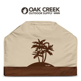 Designer Series BBQ Grill Cover. Heavy Duty Waterproof Fabric, Air Vents, Click Close Straps, and Pocket. 58" Three Palms Design