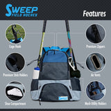 Sweep Field Hockey Youth Backpack Perfectly Sized for Athletes Ages 8-14 Unlike the Large, Bulky Adult-Sized Backpacks - Featuring 2 Stick Holders, 2 Side Pockets, and Separate Compartment for Cleats (Gray and Blue)