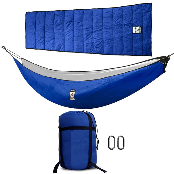 Oak Creek Hidden Ridge Underquilt/Topquilt Bundle. Full Length, Lightweight for Hammock Camping. 3-4 Seasons, 240T Rip-Stop Nylon Shell. Includes carabiners and Compression Sack. Weighs 3.4 lbs.
