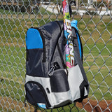 Sweep Field Hockey Youth Backpack Perfectly Sized for Athletes Ages 8-14 Unlike the Large, Bulky Adult-Sized Backpacks - Featuring 2 Stick Holders, 2 Side Pockets, and Separate Compartment for Cleats (Gray and Blue)