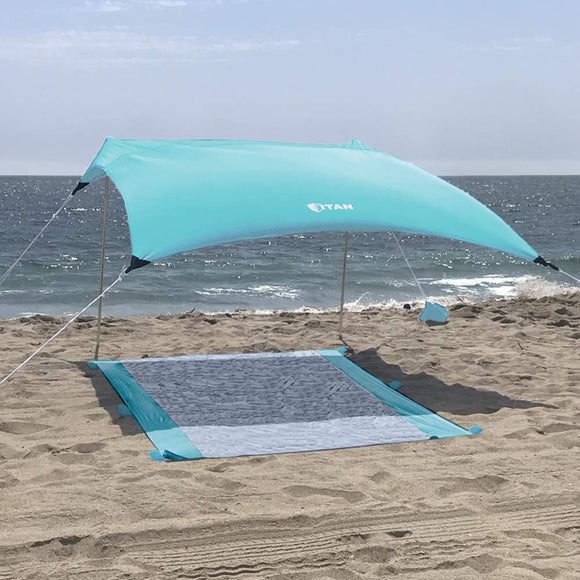 Beach Canopy Sky Blue Sunshade with Sandbag Anchors and Mat - 7ft x 7ft - UPF 50+ - Tent Includes Carry Bag - Weighs 5 Pounds - Portable, Family Sun Protection for The Beach, Park or Camping