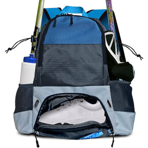 Sweep Field Hockey Youth Backpack Perfectly Sized for Athletes Ages 8-14 Unlike the Large, Bulky Adult-Sized Backpacks - Featuring 2 Stick Holders, 2 Side Pockets, and Separate Compartment for Cleats (Gray and Blue)