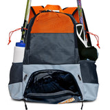 Sweep Field Hockey Youth Backpack Perfectly Sized for Athletes Ages 8-14 Unlike the Large, Bulky Adult-Sized Backpacks - Featuring 2 Stick Holders, 2 Side Pockets, and Separate Compartment for Cleats (Gray and Orange)