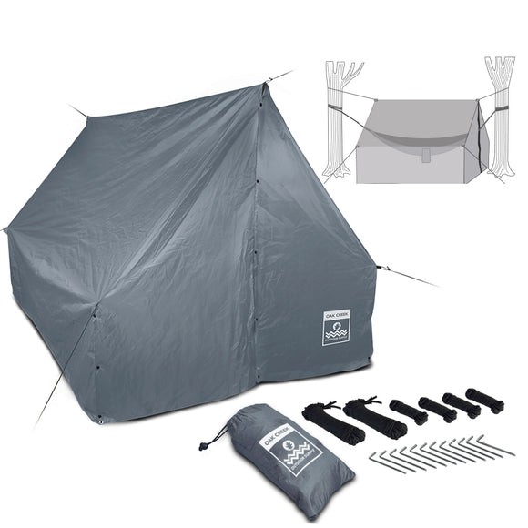 Oak Creek Advanced Camping Hammock Rain Fly.  Lightweight PU 2000 Waterproof 190T Polyester Tarp with Two Guy Lines, Four 8 Foot Guy Lines, Twelve 6 Inch Metal Stakes, 3 Tarp Repair Clips, and Carry Bag. 110