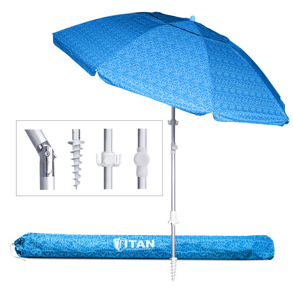 Blue Floral Print 8 Foot Beach Umbrella with Sand Anchor. Fully-Telescoping. UPF 50 Plus Rating. Tilting 2-Piece Design. Includes 4-Prong Hanging Hook, Corkscrew Anchor, and Carry Bag